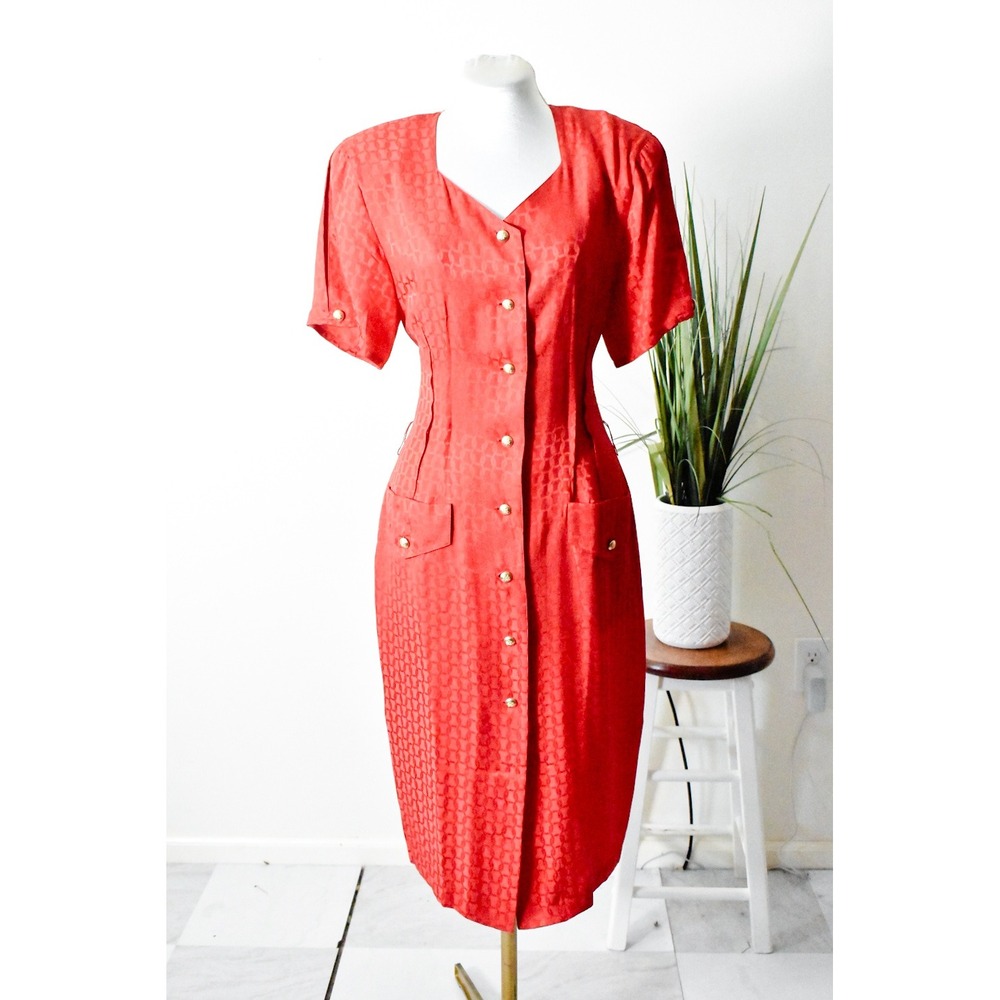 Argenti Silk Dress Women 4 Red Vintage 80s Jacquard Button Front Midi Pockets